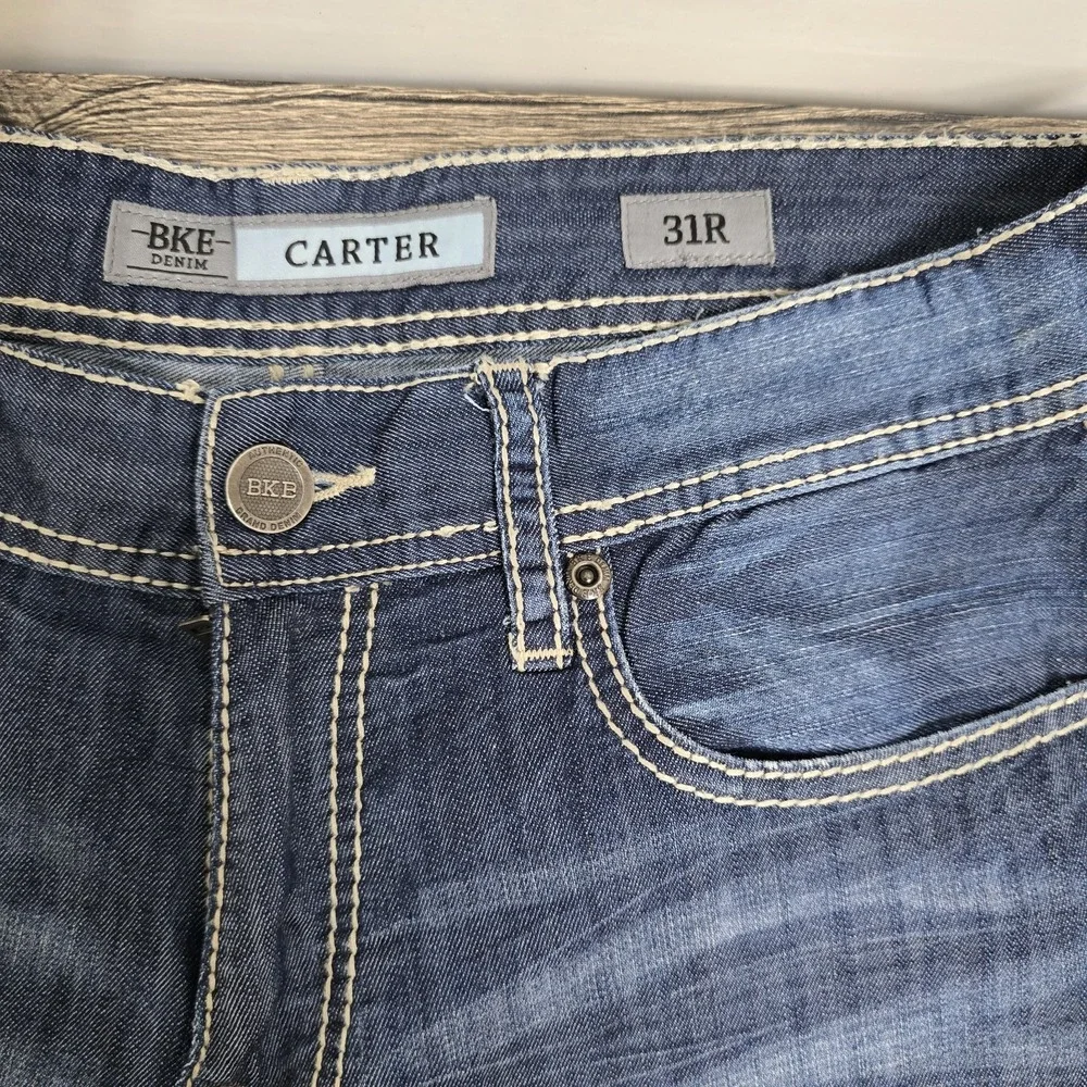 BKE Buckle Carter Straight Jeans Size 31 R   Mens Blue Denim Cotton Thick Stitch
